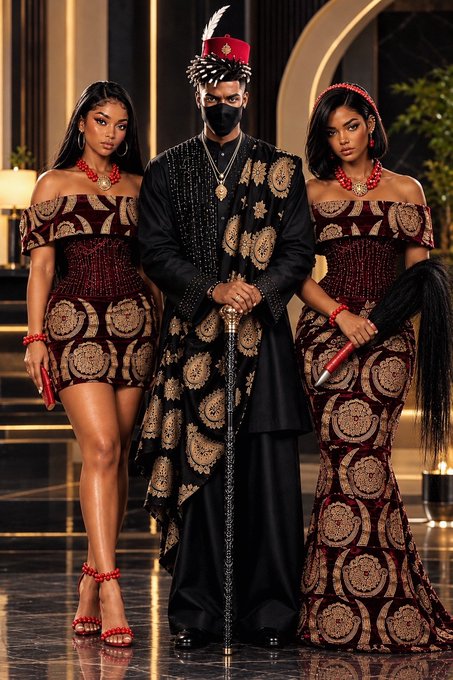 Three people pose in coordinated maroon and gold patterned African attire, with the central figure wearing a feathered red cap and black face covering while holding a staff and sword.