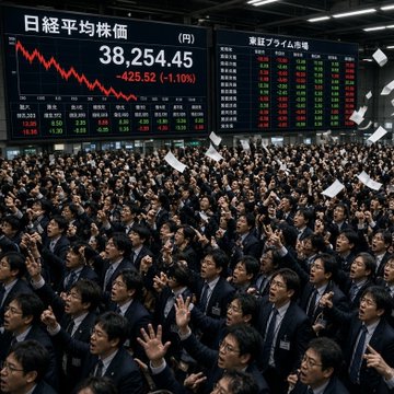 A crowded trading floor scene, likely a Japanese stock exchange, with hundreds of people in suits cheering under screens displaying '日経平均株価' (Nikkei Average) at 38,254.45, down -423.52 (-1.10%), with a sharply falling red chart graph.