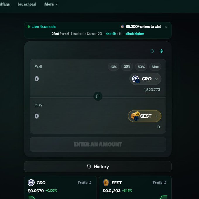 This screen shot displays a trading app called "WolfSwap DotApp", which features a trade window displaying multiple crypto coins with different price tags. The app also shows live contests, where traders can try their luck at winning these contests by trading cryptocurrency. A slider is present on the screen indicating that there are still plenty of trading contests going on, and the prize pools remain open for participation in this exciting online community event.