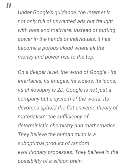 A quote displayed on a white background critiques Google, stating that under its guidance 'the Internet is not only full of unwanted ads but fraught with bots and malware' and describing its worldview as '2D.'
