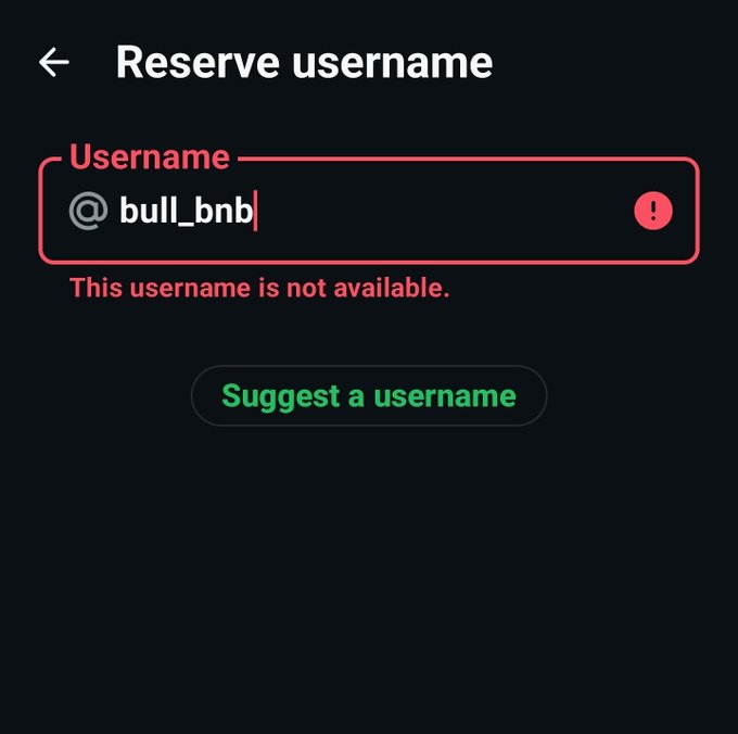 A dark-themed "Reserve username" screen showing the input "@bull_bnb" highlighted in red with a warning icon and the message "This username is not available," alongside a green "Suggest a username" button—visually capturing the user's frustration at being unable to claim their desired handle.