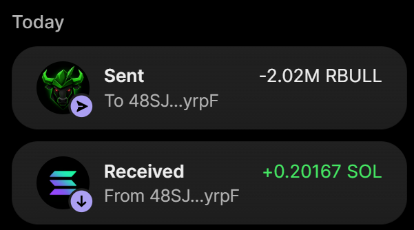 A cryptocurrency wallet transaction history displays a "Today" section showing a "Sent" transaction of -2.02M RBULL to address 48SJ...yrpF and a "Received" transaction of +0.20167 SOL from the same address, confirming the successful purchase of 2.02 million RBULL tokens for approximately 0.2 SOL as described in the post.