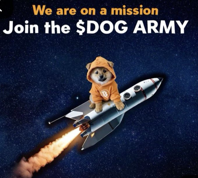 The image features a small dog wearing an orange hoodie, sitting on top of a rocket ship that has a "jump" button on its side. The background of the image shows a starry night sky with various stars scattered throughout. The caption below the image reads "WE ARE ON A MISSION JOIN THE $DOG ARMY".