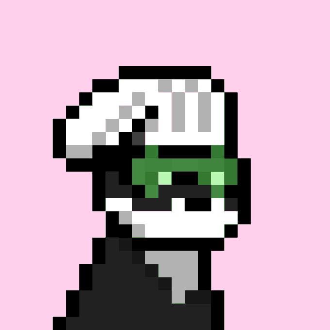 A pixel art character of a dog wearing a white helmet with a green visor appears against a pink background, representing Doginal Dog #4209 from the @doginaldogs collection as referenced in the accompanying sale announcement.
