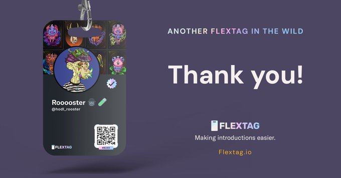 A Flextag promotional image featuring a 'Rooooster' (@hood_rooster) digital profile card with QR code, alongside 'Thank you!' text and the tagline 'Making introductions easier' with Flextag.io URL.