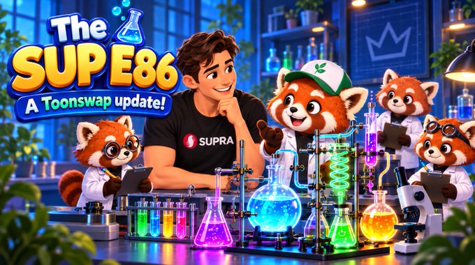 The image is a vibrant cartoon-style graphic for "The SUP E86 - A Toonswap update!" episode, featuring a host wearing a SUPRA t-shirt surrounded by red panda scientists working with colorful beakers and lab equipment in a laboratory setting. The post teases an upcoming episode at 3pm UTC featuring @toonswapsupra sharing project updates on X and YouTube, with the image's lab theme ("what's cooking") playfully reinforcing the "cooking up updates" idea mentioned in the announcement.