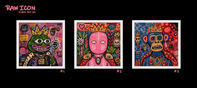 Three colorful pop-art style paintings labeled '#1', '#2', and '#3' under the header 'RAW ICON - No gods. Just raw.', each featuring a crowned character (a green frog, a pink figure, and a blue gorilla).