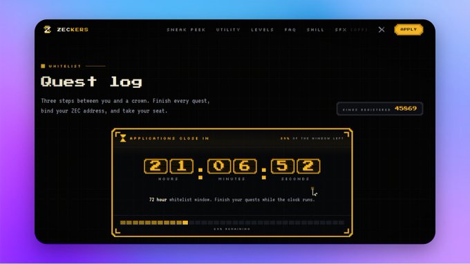A Zeckers website interface showing a 'Quest log' with a countdown timer reading '21:06:52' for whitelist applications and '45569' registered users.