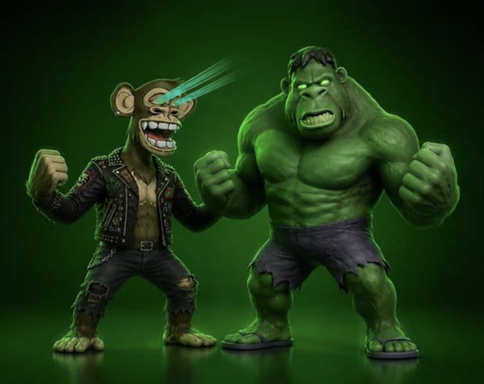 The image features two stylized characters against a green background: a punk-rock-styled monkey wearing a spiked leather jacket and ripped jeans, and a massive, muscular green giant resembling the Hulk in torn shorts with clenched fists. The graphic visually represents the post's playful mashup of "Adam Apes" and "Hulk Smash," symbolizing the acquisition of the "Incredible Gee" crypto project from ApeChain.