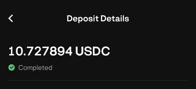 A 'Deposit Details' screen on a dark-themed app showing a completed transaction of 10.727894 USDC.