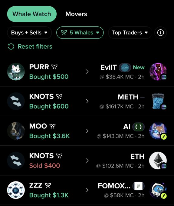A mobile app screen displays a "Whale Watch" tab with transaction activity, showing that PURR was bought for $500, KNOTS was bought for $600, MOO was bought for $3.6K, KNOTS was sold for $400, and ZZZ was bought for $1.3K, directly illustrating the newly tracked whale tokens mentioned in the post.