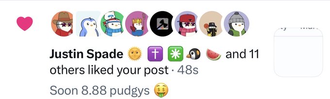 A social media notification showing 'Justin Spade' and 11 others liked a post 48 seconds ago, with avatars including cartoon characters and emojis like a sunflower and watermelon.