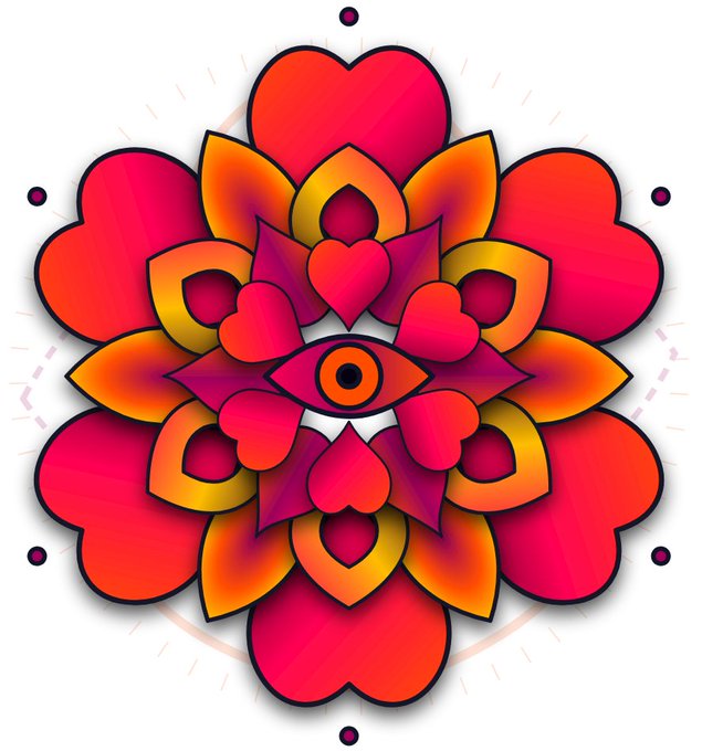 A vibrant mandala-style illustration featuring layered red and pink hearts surrounding a central eye motif.