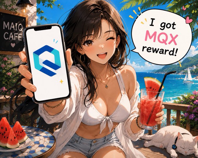 An anime-style illustration of a smiling young woman holding a smartphone displaying a blue logo and a watermelon drink, with a speech bubble reading 'I got MQX reward!'