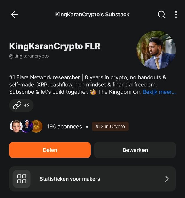 The image shows a Substack profile page for "KingKaranCrypto FLR" (@kingkarancrypto), displaying 196 subscribers and a "#12 in Crypto" ranking badge. This visual supports the post's celebration of rapidly climbing to the #12 crypto spot on Substack within just over a week of writing about Flare ($FLR).