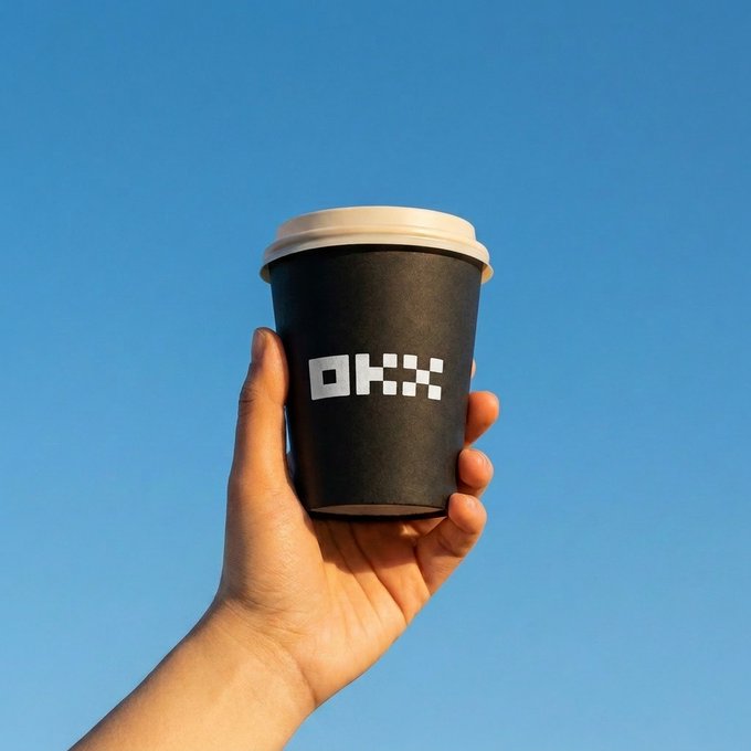 A hand holds up a black OKX-branded coffee cup against a clear blue sky, visually embodying the post's "Good Morning" theme of fueling a solo entrepreneur's new week with coffee alongside the #OKXAI hashtag.