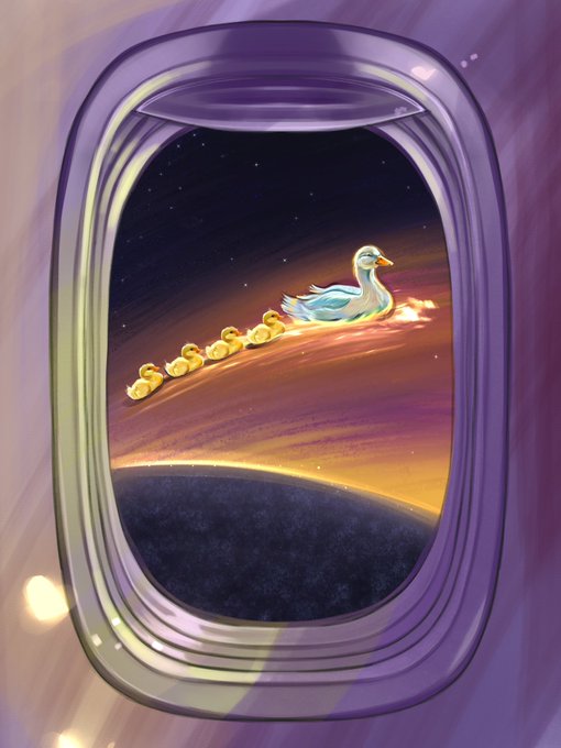 Through an airplane window, an illustration shows a mother duck and her ducklings walking along a glowing path through space with planets and stars in the background.