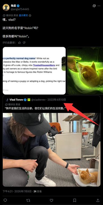 A Twitter/X post by user 角度 (@angle754445) shows a green-tinted image of a dog next to text questioning whether the dog's name is "Robin," with a reply below from Vlad Tenev (@vladtenev) showing a man crouching beside a small dog, accompanied by a red arrow pointing to the post. The image relates to the accompanying post by highlighting the irony of Robinhood's founder being scrutinized over old posts, as BSC supporters dig up past content to mock and compare the situation to similar controversies within their own crypto community.