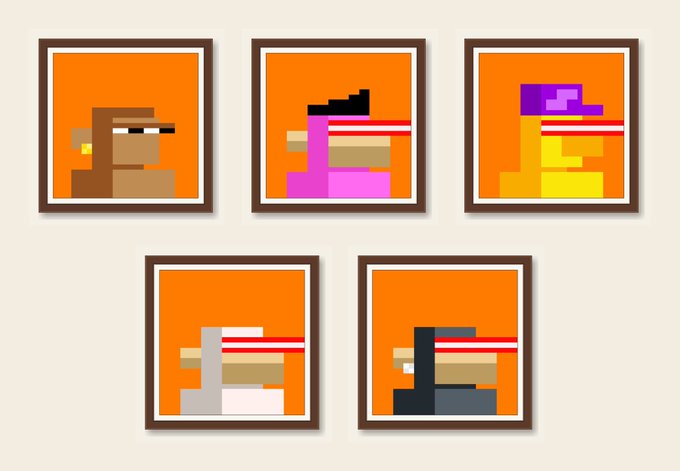 Five framed pixel-art portraits on orange backgrounds showing a character with sunglasses, various hats, and red/white striped visors in different color schemes (brown, pink, orange, white, black).