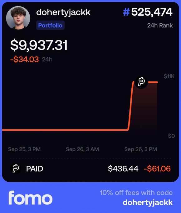 A screenshot from the Fomo app showing user "dohertyjackk" with a portfolio value of $9,937.31, ranked #525,474, displaying a sharp spike in their PAID crypto holdings on September 26. The post promotes giving away crypto to new followers using their referral code "dohertyjackk" for 10% off fees.