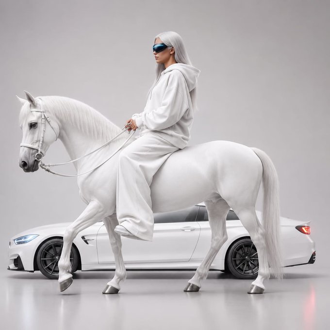 A silver-haired woman wearing futuristic blue visor sunglasses and a white tracksuit rides a white horse in front of a sleek white BMW sedan against a minimalist gray background.