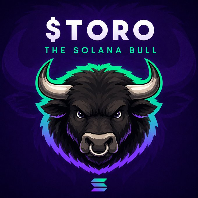 The image is a logo featuring a fierce black bull with a nose ring, labeled "$TORO - THE SOLANA BULL" in teal and purple typography. The Solana logo appears at the bottom, and the post promotes $TORO as a Solana-based token, matching the bull branding.