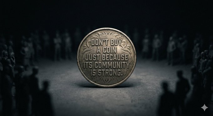 A metallic coin bears the inscription 'DON'T BUY A COIN JUST BECAUSE ITS COMMUNITY IS STRONG.' against a dark background with silhouettes.