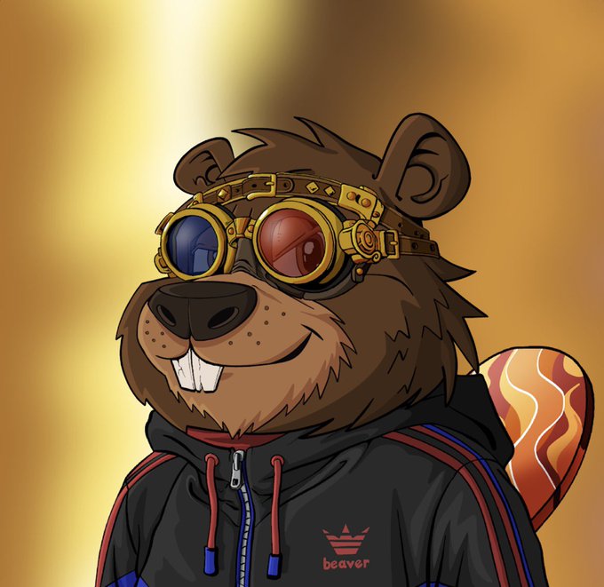A digital illustration of a beaver character wearing steampunk-style goggles with blue and red lenses, a black hoodie featuring red and blue drawstrings and a small "beaver" logo with a crown symbol, against a golden gradient background.