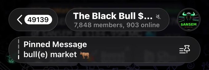 A screenshot of the Telegram app showing "The Black Bull $..." channel with 7,848 members and 903 online, featuring a pinned message reading "bull(e) market 🐂" from user 49139 (SANSEM), directly illustrating the announcement about $BULLE rallying and the bull(e) market message being pinned in the official $ANSEM telegram channel.