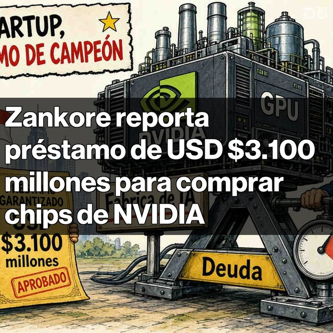 A cartoon illustration of an NVIDIA GPU factory labeled 'Fábrica de IA' with Spanish text reading 'Zankore reporta préstamo de USD $3.100 millones para comprar chips de NVIDIA', 'STARTUP, CAMPEÓN', 'GARANTIZADO', '$3.100 millones APROBADO', and 'Deuda'.