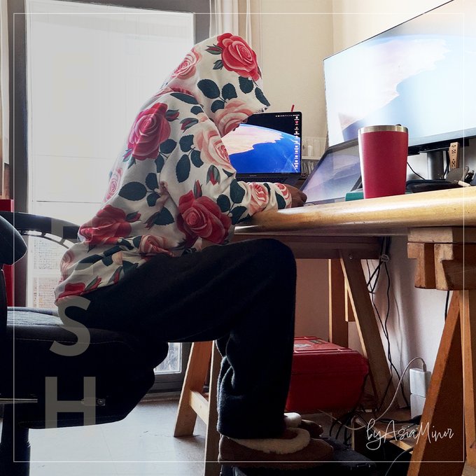 A person in a rose-patterned hoodie sitting at a desk, working on a computer in front of a window, with their face hidden by the hood.