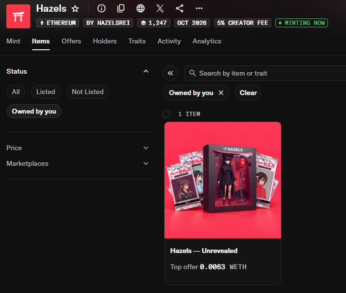The image shows an OpenSea NFT collection page for "Hazels" on Ethereum, displaying 1,247 items with a 5% creator fee, where the user owns one item titled "Hazels — Unrevealed" with a top offer of 0.0063 WETH. This relates to the post as the author recently minted a Hazels NFT from the collection and is anticipating the upcoming reveal of their unrevealed token.