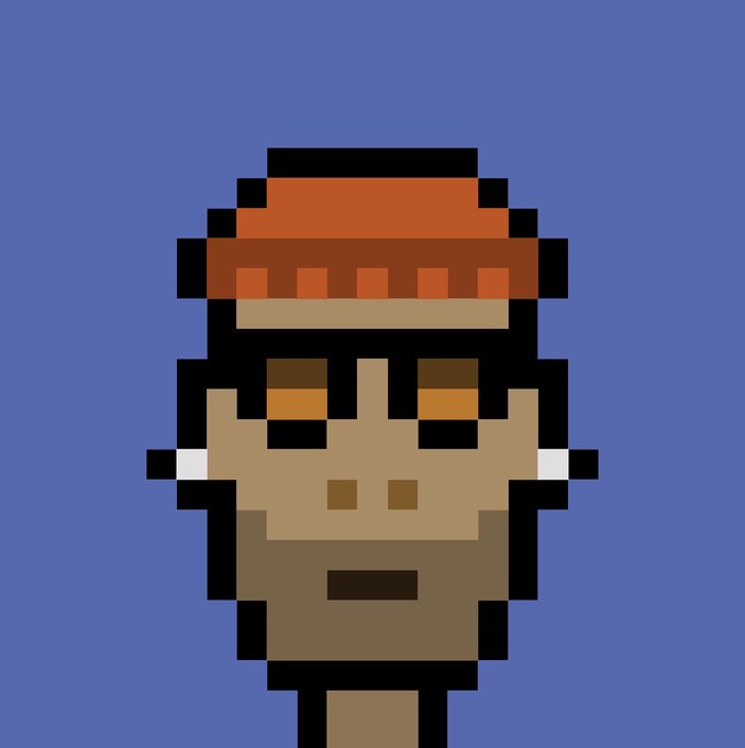 A pixel art illustration of a character with a red headband, tan face, and brown beard against a blue background.
