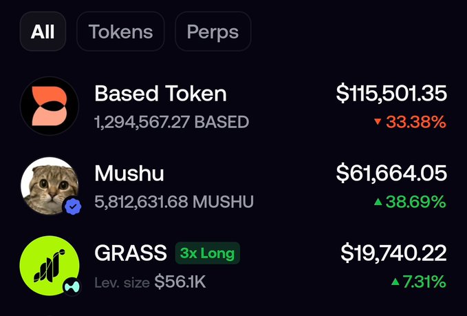 The image displays a crypto portfolio tracker showing three holdings: Based Token ($BASED) with 1,294,567.27 tokens valued at $115,501.35 (down 33.38%), Mushu ($MUSHU) with 5,812,631.68 tokens valued at $61,664.05 (up 38.69%), and GRASS 3x Long with a leverage size of $56.1K valued at $19,740.22 (up 7.31%). The portfolio reflects the new positions mentioned in the post, specifically highlighting the $61,000 MUSHU spot investment and showing additional holdings in Based Token and a leveraged GRASS position.