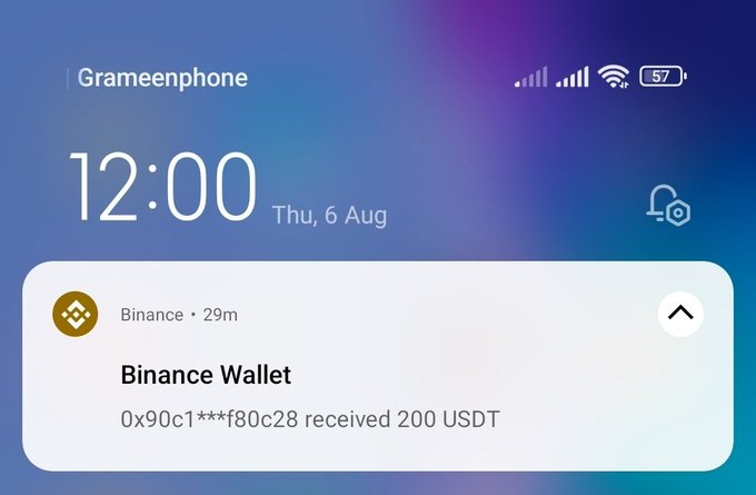 A smartphone lock screen displays a notification from Binance Wallet showing that address 0x90c1***f80c28 received 200 USDT 29 minutes ago, accompanying a post celebrating the crypto earnings and encouraging others toward similar airdrop success.