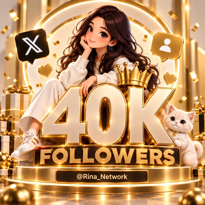 A digital illustration celebrating '40K FOLLOWERS' for @Rina_Network, featuring an anime-style girl with long brown hair sitting on golden 3D letters alongside a small white cat, surrounded by gift boxes and the X and Instagram logos.