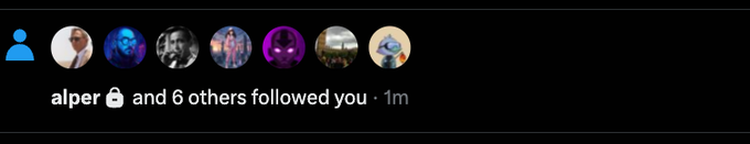 An Instagram notification reading 'alper 🔒 and 6 others followed you' with '1m' timestamp and profile pictures of the followers.