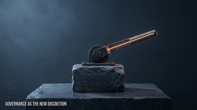 A bronze lever mounted on a stone block is displayed with the text 'GOVERNANCE AS THE NEW DISCRETION' and a 'KILANN' watermark.