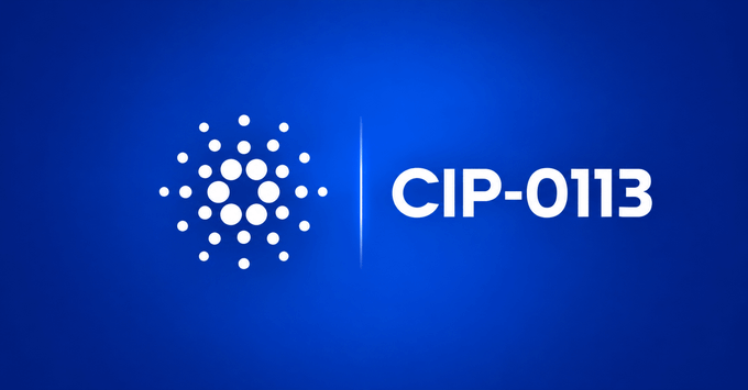 A simple blue gradient background featuring the Cardano blockchain logo (a circular dot pattern) next to the text 'CIP-0113'.
