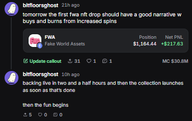 Discord messages from user 'bitfloorghost' discussing NFT trading, mentioning FWA (Fake World Assets) with a position of $1,164.44 and +$217.63 net PnL, and talking about upcoming NFT drops and spins.