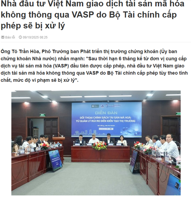 A Vietnamese news article dated 09/10/2025 by Báo lới, titled about Vietnamese investors transacting crypto assets not through licensed VASP, accompanied by a photo of an official conference.
