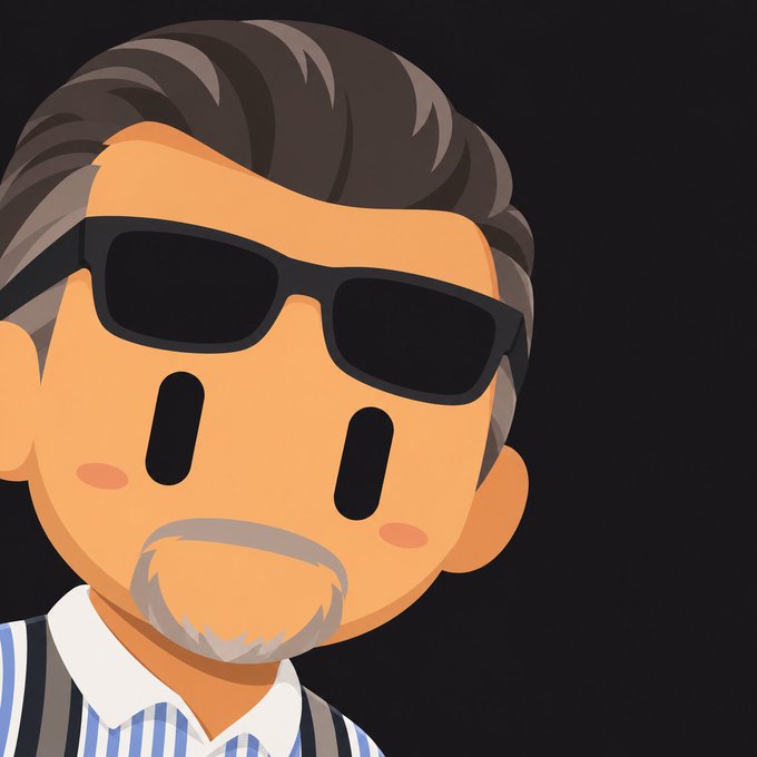 A cartoon-style avatar of a man with grey hair and a goatee, wearing dark sunglasses, a striped shirt, and a vest, set against a black background.