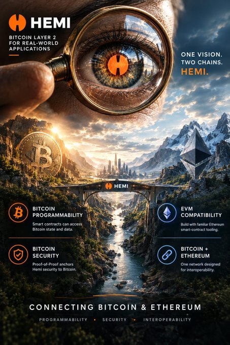 Promotional graphic for 'HEMI', a Bitcoin Layer 2, featuring a giant eye looking through a magnifying glass over a landscape with a Bitcoin coin and Ethereum logo, highlighting features like 'BITCOIN PROGRAMMABILITY', 'BITCOIN SECURITY', 'EVM COMPATIBILITY', and 'BITCOIN + ETHEREUM' under the tagline 'CONNECTING BITCOIN & ETHEREUM'.
