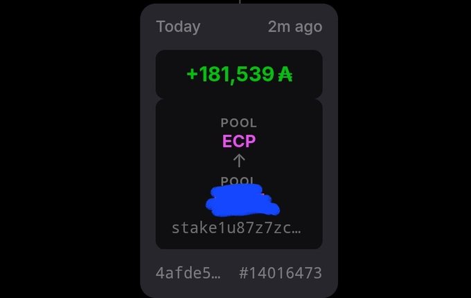 Cryptocurrency transaction notification showing +181,539 A tokens received, with a stake pool address starting with 'stake1u87z7zc' and transaction ID #14016473.