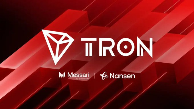 The image displays a TRON promotional graphic featuring the project's triangular logo alongside the text "TRON," with logos of research firms Messari and Nansen below, set against a dynamic red geometric background—suggesting an official report or analysis partnership highlighting TRON's Q2 performance metrics, including its $2.1 trillion USDT transfer volume and 1.08 billion transactions.
