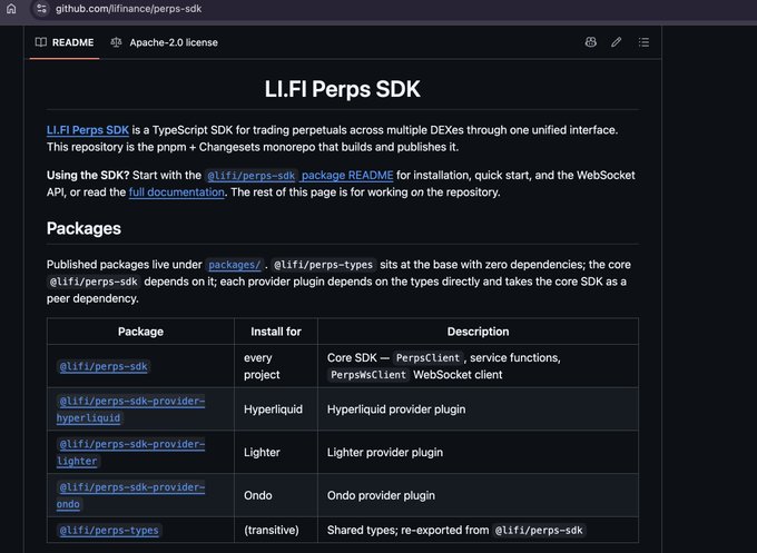 A GitHub repository page for 'LI.FI Perps SDK' describing a TypeScript SDK for trading perpetuals across multiple DEXs, with a table listing packages including @lifi/perps-sdk-provider-hyperliquid, -lighter, -ondo, and @lifi/perps-types.