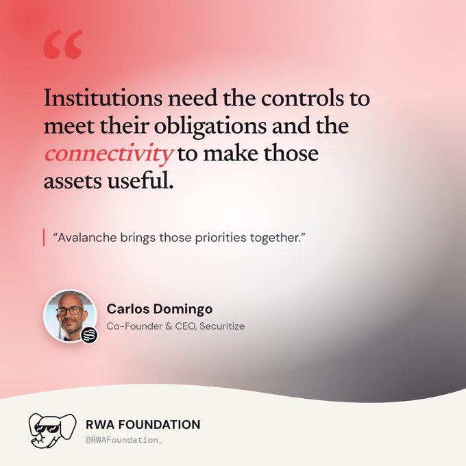 A quote graphic from RWA Foundation featuring Carlos Domingo, Co-Founder & CEO of Securitize, stating: 'Institutions need the controls to meet their obligations and the connectivity to make those assets useful.'