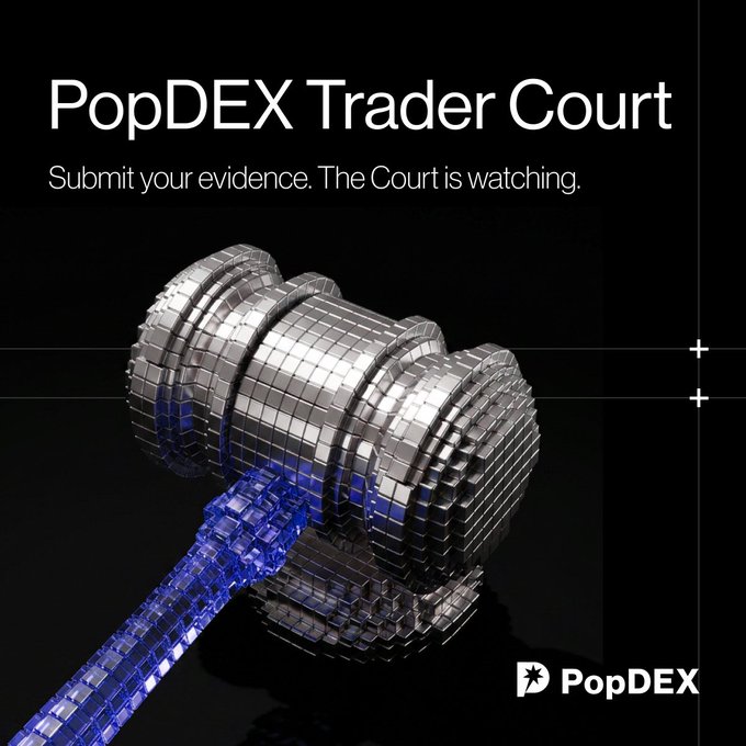 A metallic disco-ball-style gavel made of silver and blue cubes strikes against a black background, beneath the bold headline "PopDEX Trader Court" and tagline "Submit your evidence. The Court is watching." The PopDEX logo sits in the lower right, with the image serving as the official visual for the post inviting users to submit evidence against their previous Perp DEX's unfair trading practices.