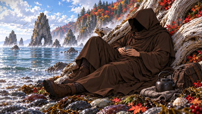 A fantasy digital artwork depicting a hooded figure in a brown robe sitting against a rock on a beach, holding a cup, with a teapot, backpack, seashells, and a dramatic coastal landscape with autumn foliage and rocky cliffs in the background.