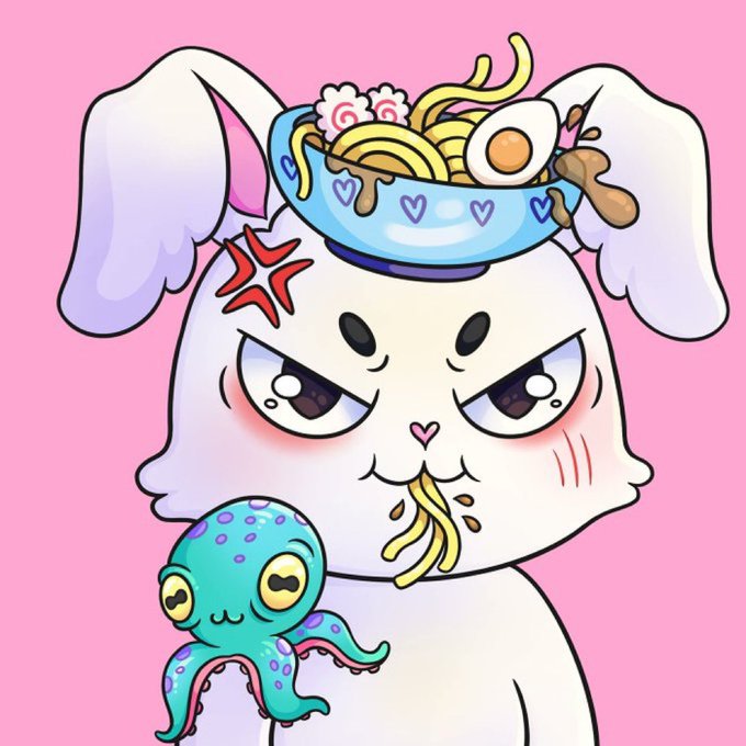A cartoon illustration of a grumpy-looking white rabbit with a bowl of noodles and a boiled egg on its head, eating noodles while holding a small green octopus, set against a pink background.